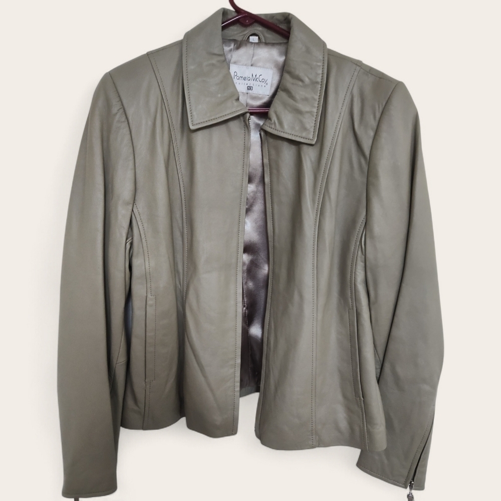 Vintage Pamela McCoy Women's Gray/Green Leather Jacket, L
